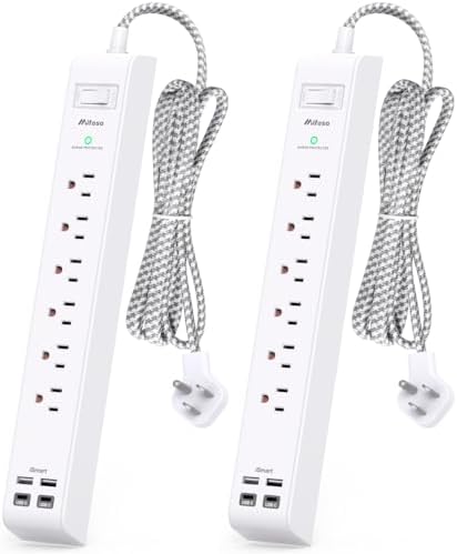 Maximize Your Power Access with 2 Pack 10 ft Surge Protector Power Strip – 6 Outlets & 4 Fast USB Charging Ports, Space-Saving Flat Plug Design, Overload Safety Features, Wall Mount Capability for Home, Office & Dorm Essentials
