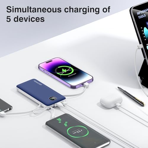 Ultra-Slim 10000 m Ah Fast Charging Power Bank with Built-In Cables & AC Plug – Versatile 5 Output USB-C Portable Charger for i Phones, Samsung, Android & More – Perfect for Travel & On-the-Go Power Solutions