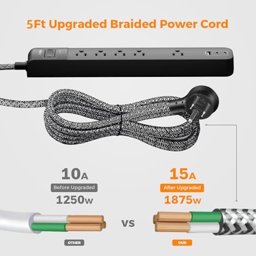 Dual Pack Surge Protector Power Strip with 5 Spacious Outlets and 3 Fast USB Ports – 1875 W/15 A Capacity for Home Office Efficiency, 6 Ft Durable Braided Cord, Smart Overload Protection, Wall Mountable Flat Plug Design for Optimal Space Utilization and Device Safety