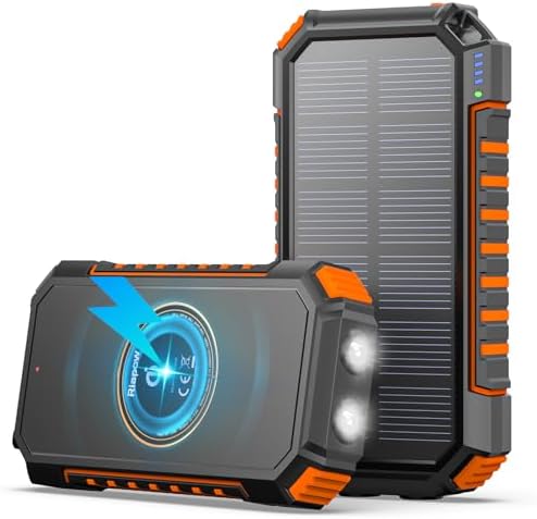 26800 m Ah Riapow Solar Power Bank – High-Capacity Wireless Portable Charger with USB C PD & QC3.0 Fast Charging – 4 Output Ports for Simultaneous Device Charging – Dual Flashlights for Camping & Emergency Use – Ultimate Outdoor Power Solution