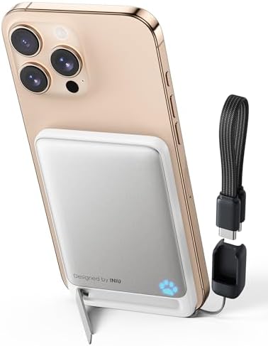 Ultra-Slim Mag Safe Portable Charger – INIU 20 W 5000 m Ah Magnetic Power Bank with Qi2 Certification, Fast Wireless Charging, Lanyard USB-C Cable & Kickstand for i Phone 12-16 – Compact Power Solution for On-the-Go Users