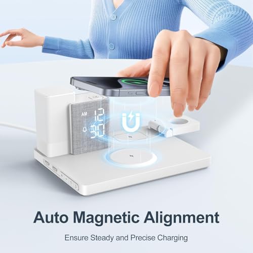 Transform Your Charging Routine with the REACHER 3-in-1 Wireless Charging Station: Mag Safe-Compatible Alarm Clock & 8-Color LED Night Light for i Phone 16/15/14/13/12 Series – Ideal Nightstand Organizer for Enhanced Efficiency and Style in Bedroom, Desk, and Dorm Settings – Fast, Multi-Device Charging Dock for Ultimate Convenience