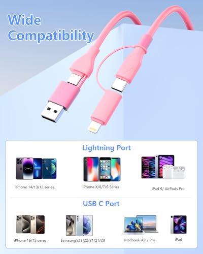 Versatile 4-in-1 Coiled USB C and Lightning Cable for i Phone 15 and 16 – 3 FT Fast Charging Car Charger Cord with 60 W Power Output, Stylish Pink Design, Compatible with Car Play and Android Auto for Ultimate Convenience and Enhanced Connectivity