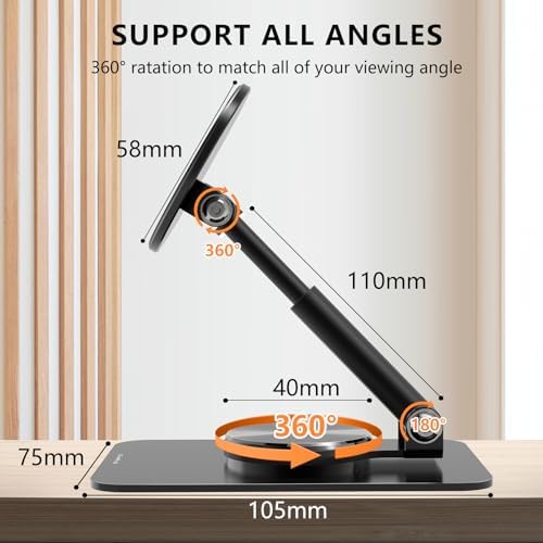 Magnetic Phone Stand Compatible with MagSafe for iphone16, Phone Stand for Desk with 360°Rotation Base, Adjustable Height to 6.1 inch, Compatible for MagSafe Case and iPhone 16/15/14/13/12 – Enhanced Compatibility and Speed
