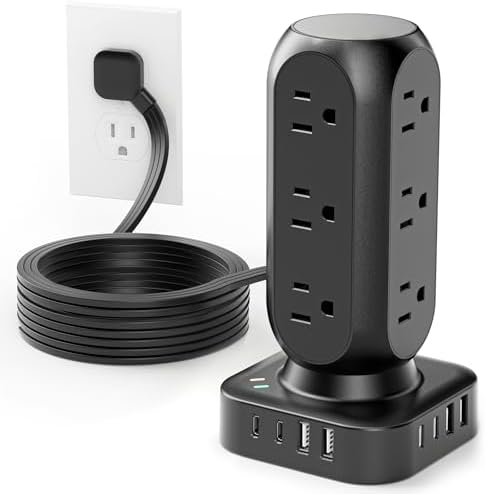 Revolutionize Your Charging Setup with the Flat Plug Power Strip Tower – 10 FT Extension Cord, 40 W Fast Charging Station Featuring 12 AC Outlets and 8 USB Ports (4 USB-C) for Ultimate Device Connectivity and Safety in Home, Office, or Dorm Room