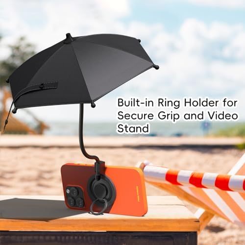 Portable Black Magnetic Phone Umbrella with Adjustable 360° Shade, Foldable Sun Protection & Built-in Ring Holder – i Phone 12-16 Compatible and More Devices, Magnetic Sticker for Quick Setup and Enhanced Functionality