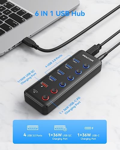 Maximize Your Connectivity with the Wenter 5-Port USB 3.0 Hub – Fast Data Transfer and Type-C Charging Hub for Mac & PC, Featuring Individual LED Switches for Power Management and Enhanced Performance