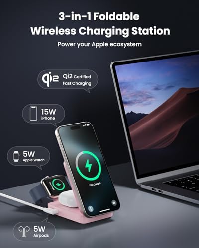 3-in-1 Qi2 Certified Wireless Charging Station – 15 W Fast Magnetic Charger for i Phone 16/15/14/13/12, Apple Watch, Air Pods – Foldable Design with 30 W USB-C Adapter for Ultimate Compatibility and Efficiency – Elevate Your Charging Experience with Enhanced Safety Features and Versatile Viewing Angles