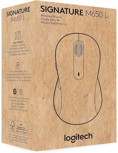 Logitech Signature M650 L Wireless Mouse for Large Hands – Ergonomic Comfort, 2-Year Battery Life, Silent Click Technology, Customizable Functions, Bluetooth Compatible with PC/Mac/Chromebook – Elegant Off White Finish for Professional & Casual Use