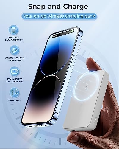BENKS 10,000 m Ah Magnetic Power Bank – Ultra-Fast Wireless Charger for i Phone 15/14/13/12 Series, Mag Safe-Compatible, Sleek Pink Design with Dual 20 W USB-C Ports for Rapid Charging and Enhanced Portability
