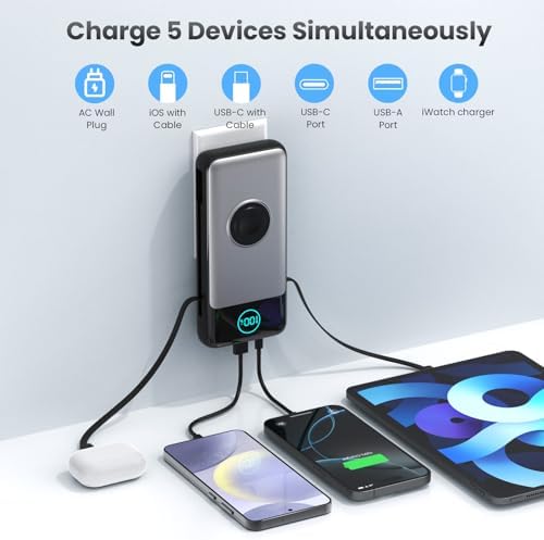 26800 m Ah Ultra-High Capacity Portable Charger with Built-in Cables & AC Wall Plug – 6-in-1 USB-C Power Bank for Fast Charging of i Phone 16/15/14/13/12, Android Devices & Apple Watch – Charge 5 Devices at Once with 25 W PD & Quick Charge Technology – Ideal for Travel, Camping, and Daily Use – Advanced Safety Features for Optimal Performance