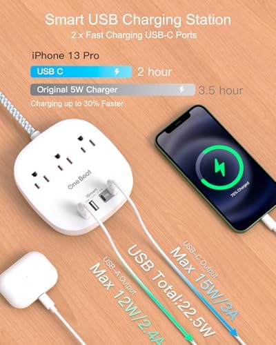 10 Ft Flat Plug Power Strip with 3 AC Outlets & 4 USB Ports, Ideal Desktop Charging Station for Cruise Ships & Dorms – Compact Design & Fast Charging for Multi-Device Use