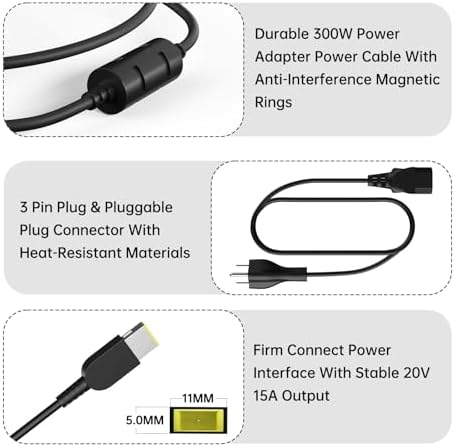 Ultra-Reliable 300 W Lenovo Laptop Charger – High-Performance Power Adapter with 20 V 15 A Output for Legion & Think Pad Series – Enhanced Compatibility, Anti-Interference Technology, and Durable Design for Gamers and Professionals – Slim Yellow Tip Connector with Long-Lasting Cables for Seamless Connectivity and Performance