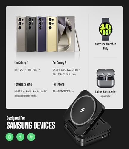 Ultimate 3-in-1 Foldable Wireless Charging Station for Samsung Devices – Magnetic Charger Stand for Galaxy S24, S23 Ultra, S22, S21, Galaxy Watch 6/5/5 Pro/4/3 & Galaxy Buds 2 Pro (Black) – Fast, Efficient Charging & Travel-Friendly Design
