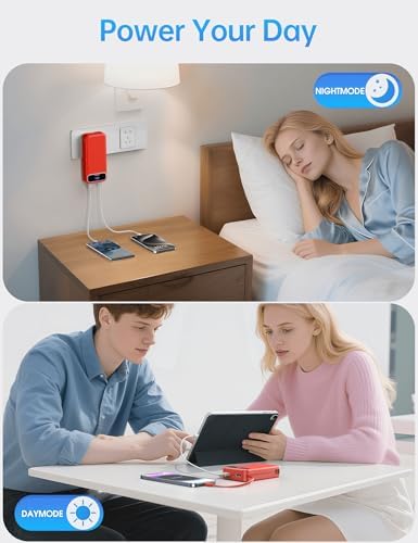 Ultra-Compact 12000 m Ah Power Bank with Built-in Charging Cables & AC Plug – 20 W PD Fast Charging for i Phone, Samsung, Android, USB-C Devices – Travel-Friendly External Battery Pack in Purple – Unmatched Portability and Efficiency for On-the-Go Charging Solutions