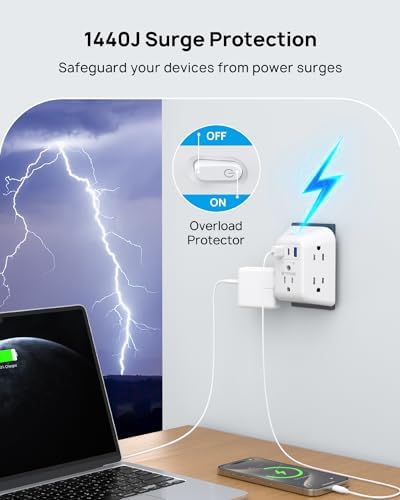 Maximize Your Charging Potential with the TROND Surge Protector Outlet Extender – 5-Outlet Power Strip with 3 USB Ports (1 USB-C) and ON/OFF Switch for Safe, Efficient Device Management at Home, Office, or On-the-Go – Ideal Multi Plug Expander with Enhanced Surge Protection and Space-Saving Design