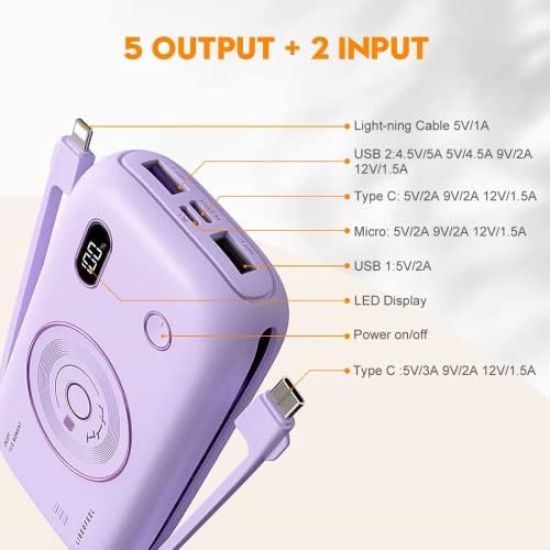 Ultimate 20000 m Ah Portable Charger with 22.5 W Quick Charge & 20 W Power Delivery | Built-In Dual Cables & Battery Level Display | Charge 5 Devices Including i Phone & Samsung On-the-Go | High-Capacity External Battery Pack for Travel and Daily Use
