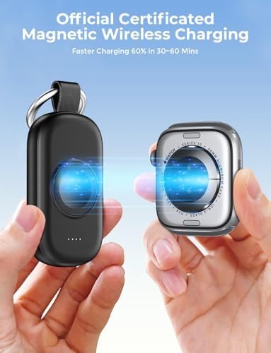 Portable Magnetic Wireless Charger for Apple Watch – 1200 m Ah Keychain Power Bank for Effortless Charging on the Go – Universal Compatibility with All Apple Watch Series Including Ultra Models – Ideal Fast Charging Solution for Active Lifestyles