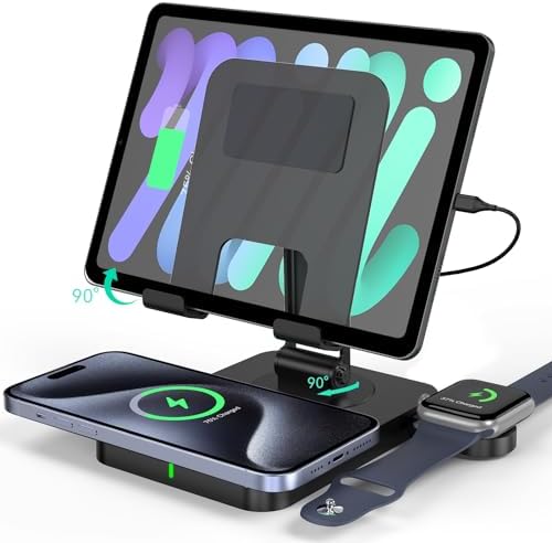All-in-One 3 in 1 Wireless Charger: High-Speed Mag Safe Charging Station for i Phone 16 Pro Max/15/14/13/12, Foldable Apple Watch Dock 10/9, and Rotating i Pad Power Hub – Sleek Black Design for Ultimate Convenience and Compatibility