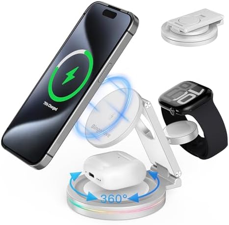 Revolutionary 3-in-1 Wireless Charger Hub for i Phone, Apple Watch & Air Pods – 10 W Fast Charging, 360-Degree Rotating Zinc Alloy Design, Foldable & Magnetic for Ultimate Convenience and Compatibility with i Phone 12-16 Series