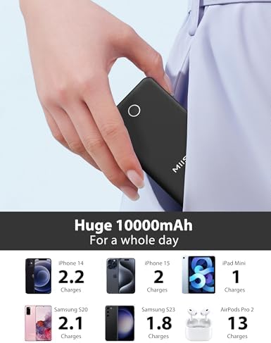 miisso 10000 m Ah Ultra-Slim Portable Power Bank with Integrated Charging Cables – Multi-Device USB-C Travel Charger for i Phone & Samsung – Compact, Lightweight Battery Pack Designed for Maximum Portability and Efficiency