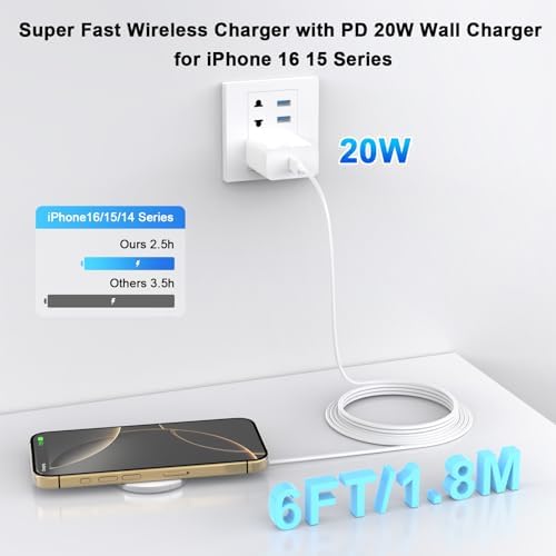 Magnetic Wireless Charger Duo for i Phone 16/15/14 – 6 FT Long 15 W Fast Charging Pad with 20 W USB-C Power Adapter – Universal Compatibility for i Phone 16 Series & Air Pods – Enhanced Safety Features for Swift, Secure Charging at Home or On-the-Go