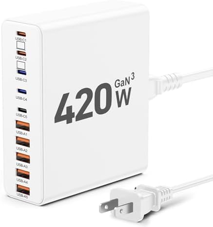 Ultimate 420 W Ga N Multi-Device Charging Hub – 10-Port USB C & A Wall Charger for Mac Book, i Phone, i Pad, Dell XPS, and Samsung Galaxy – Rapid Smart Charging Station with Advanced Safety Features for Efficient Power Management