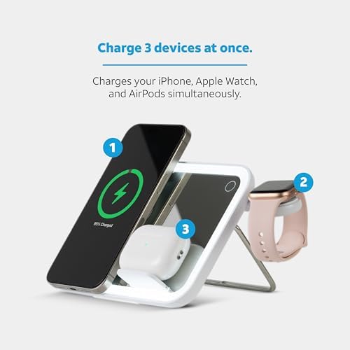 Revamp Your Content Creation with AT&T Rectangle Light Mirror Stand – Magnetic Phone Holder & Wireless Charging Station for Influencers – Sleek White Design for Flawless Selfies and Professional Makeup Lighting – Enhanced Compatibility and Efficiency