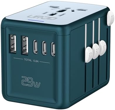 Global Travel Companion: High-Performance Universal Adapter with 6 A Output, Featuring 3 USB-C & 2 USB-A Ports for Swift Charging Across 200+ Countries – Perfect Solution for EU, US, UK, AU and Beyond