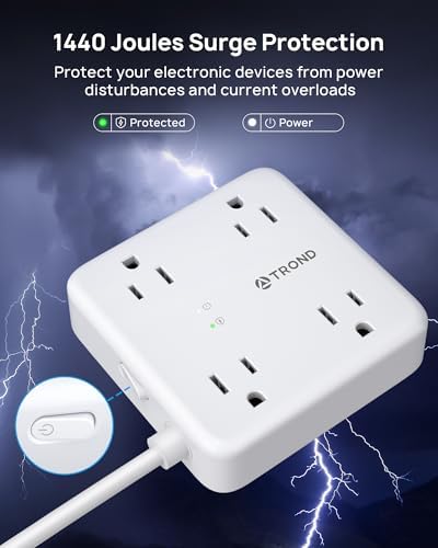 TROND Smart Surge Protector Power Strip with USB Ports – 5 ft Flat Plug Extension Cord for Home, Office & Dorm Room – 1440 Joules Surge Protection & Wall Mount Design for Space-Saving Power Management – Versatile Multi-Outlets Charging Station in White