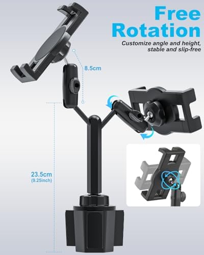 Universal Dual Cup Holder Tablet Mount for Cars – 360° Rotatable Adjustable Stand for 4.7″-13″ Devices – Premium Metal Arm for i Pad Pro/Air/Mini & Galaxy Tab Compatibility – Enhance Driving Safety & Convenience