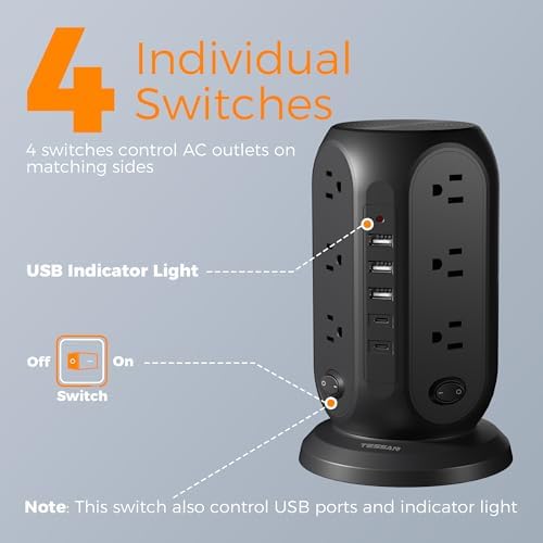 TESSAN Tower Power Strip Surge Protector – 12 Outlets with Individual Switches, 5 Fast-Charging USB Ports (2 USB-C), 10 Ft Flat Extension Cord with Discreet Plug Design – Ideal Multi-Device Charging Station for Office and Dorm Use