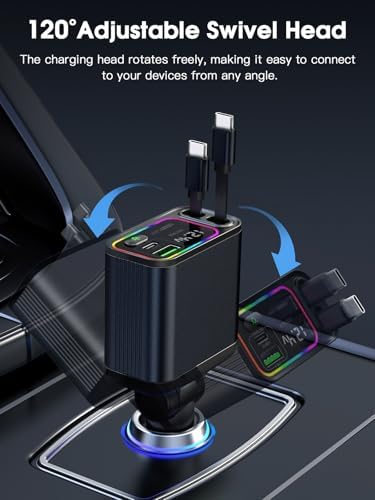 Ultimate 107 W Fast Charging Retractable Car Charger with Built-in Lightning & USB-C – Superior Compatibility for i Phone 16/15/14, Samsung S24/S23/S22, Pixel 9/8/7 – Sleek Black Design for Organized Travel and Efficient Power Solutions