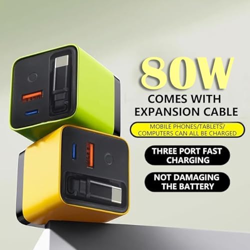 Revolutionary 80 W Ga N 3-in-1 Fast Charger with Retractable Design, Type C Cable & Dual USB Ports – Ultimate Travel Companion for Phones & Laptops in Sleek Yellow Finish – Enhanced Compatibility & Efficiency for Modern Charging Needs