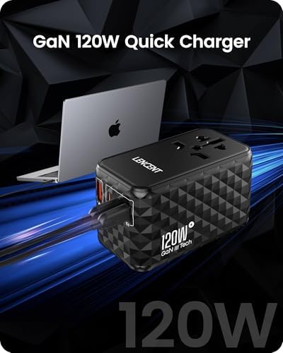 85 W Universal Travel Power Adapter with Retractable USB-C Cable – Optimal Fast Charging Hub for Global Use, Featuring 4 Ports for Seamless Connectivity in US, EU, UK & Beyond, Engineered for On-the-Go Professionals Seeking Efficiency and Versatility