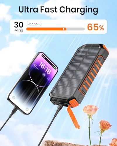 26800 m Ah Riapow Solar Power Bank – High-Capacity Wireless Portable Charger with USB C PD & QC3.0 Fast Charging – 4 Output Ports for Simultaneous Device Charging – Dual Flashlights for Camping & Emergency Use – Ultimate Outdoor Power Solution