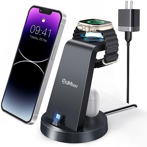 DUMTERR 3-in-1 Wireless Fast Charging Dock – Streamlined Charging Solution for i Phone 14 Pro Max/13/12/11/X/8 Plus, Air Pods & All Apple Watch Models (8/Ultra/7/6/SE/5/4/3/2) – Space-Saving Design with Enhanced Safety Features for a Modern Workspace and Effortless Multi-Device Power-ups