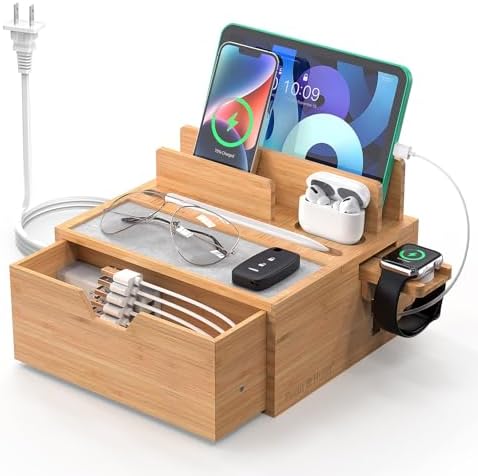Pezin & Hulin Eco-Friendly Bamboo Multi-Device Charging Station: Elegant Nightstand Dock with Integrated Power Charger, USB Hub & Storage Drawer – Fast Charging for Phones & Tablets, Stylish Organizer for Modern Spaces