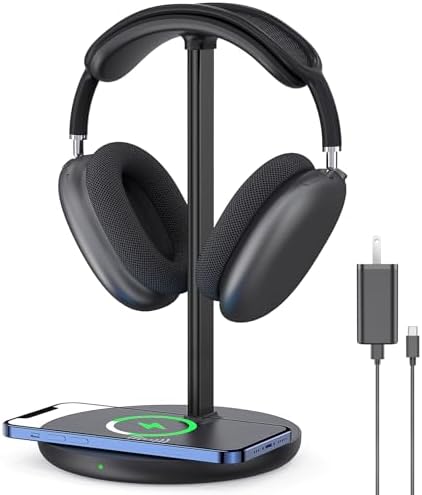 Upgrade Your Desk with the All-in-One Wireless Headphone Stand & Fast Charging Dock – Sleek Organizer for i Phone 15/14/13/12/11 & Air Pods Pro/3/2, Premium White Finish Ideal for Gamers and Music Aficionados, Optimize Your Workspace Efficiency and Connectivity