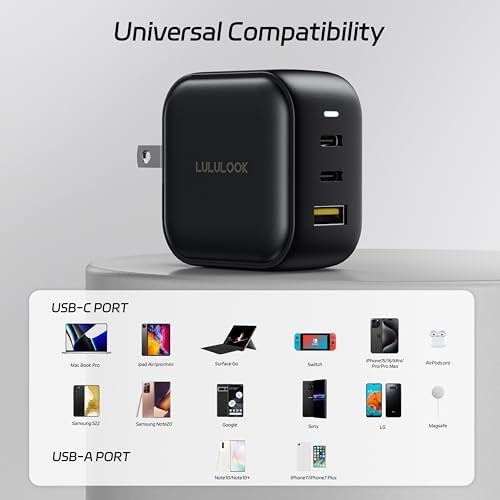 LULULOOK 65 W Ga N USB-C Fast Charger – Versatile 3-Port Travel Adapter for Mac Book Pro, i Pad Pro, i Phone 16, Galaxy S24 & Dell XPS – Ultra-Fast Multi-Device Charging with Global Compatibility for UK/EU/AU – Advanced Safety Features for Secure On-the-Go Charging Solutions