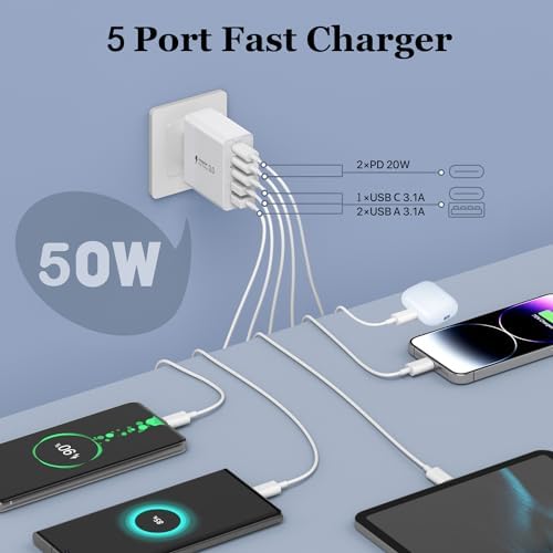50 W Dual-Pack USB C Charger Block – High-Speed 5-Port Fast Charging Solution for i Phone 12-16 & Samsung Galaxy S23/S24 – Compact Multi-Device Wall Charger with Safety Features for Home and Travel Efficiency