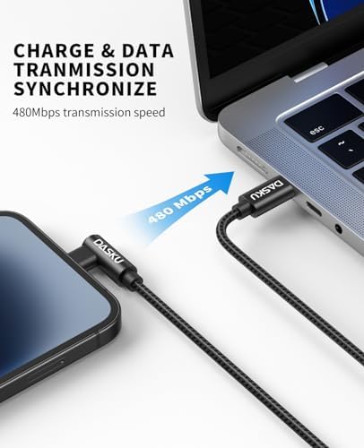 Dasku 3 FT 90-Degree USB C to Lightning Charging Cable – Fast 20 W Nylon Braided Cord for i Phone 14/13/Pro/12/Max/11/XS/XR/8/Plus – Ultimate Durability & Efficient Data Sync for Tight Spaces