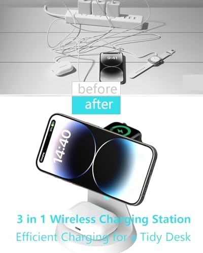 3-in-1 Mag Safe Wireless Charging Station: Fast 15 W Charger for i Phone 16/15/14/13/12, Apple Watch, and Air Pods – Compact Design for Clutter-Free Workspaces with Enhanced Magnetic Alignment and Safe Charging Technology