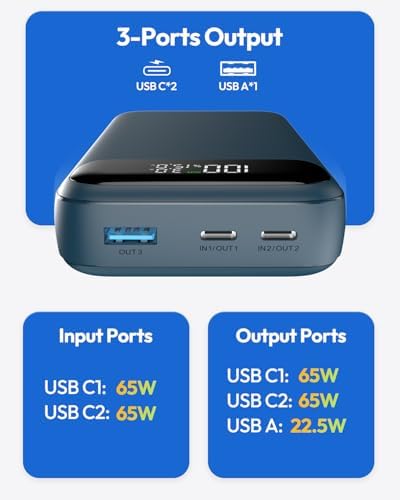ADDTOP 20000 m Ah 65 W Portable Charger – Ultimate Fast Charging Power Bank with 3 USB Outputs for Laptops & Smartphones, Compatible with Mac Book, HP, Dell, i Phone 12-16, Samsung, Steam Deck – Lightweight & Reliable External Battery Pack for On-the-Go Power Solutions