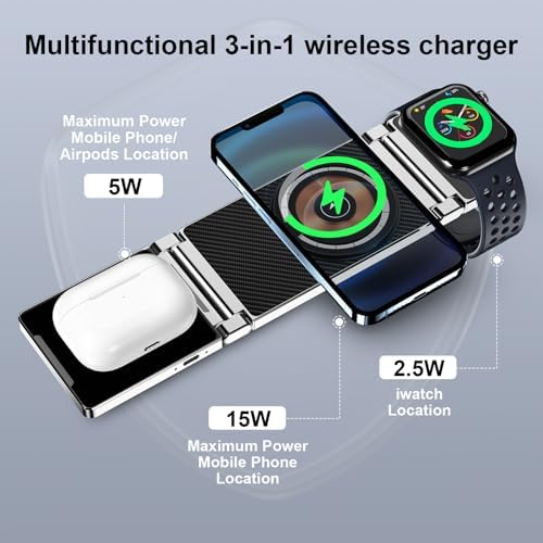 Revolutionary 3-in-1 Magnetic Foldable Wireless Charging Station for Apple Devices – Ultimate Compatibility with i Phone 15/14/13/12, Apple Watch 9/8/7/6/5/4/3/2/SE, and Air Pods 3/2/Pro – Fast, Efficient, and Portable Charging Solution for Home, Office, or Travel – Simplify Your Charging Routine with Durable, Space-Saving Design