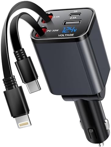 Kwak’s Retractable USB C Car Charger – Ultra-Fast Charging Adapter with Dual Apple Cables for i Phone 14, 13, 12, 11 | Tidy Retractable Design for Effortless On-the-Go Power Solutions | Compact & Portable Vehicle Charging Accessory