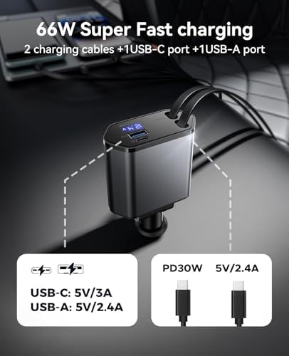 Versatile Retractable Car Charger – 4 in 1 Fast Charging Solution with Dual Type C Cables and 2 USB Ports for i Phone 15/14/13/12/11 Pro Max, Galaxy, Google Pixel – Tangle-Free Convenience & Enhanced Speed for Modern Drivers
