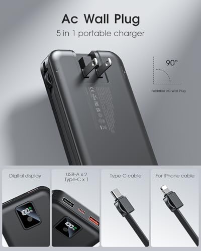 High-Efficiency 12000 m Ah Portable Power Bank with Built-In Cables and AC Plug – USB-C 22.5 W Fast Charger for i Phones, i Pads, Samsung Devices – Lightweight, Compact External Battery for Ultimate Mobility and Enhanced Device Compatibility