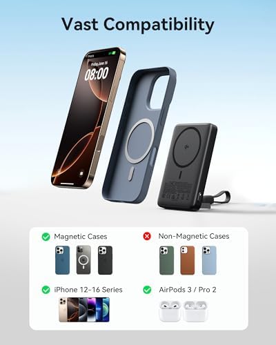 Ultra-Slim 10,000 m Ah Magnetic Power Bank for i Phone 16-12 – INIU Qi2 Certified 45 W Fast Charger with Integrated Kickstand & Lanyard USB-C Cable – Rapid 15 W Wireless & 45 W Wired Charging, Compact Design for Seamless Portability – Industry-Leading 3-Year Care Included