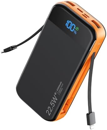 32000 m Ah Portable Power Bank with Built-in Cables – PD3.0 Fast Charging, 5 Outputs, LCD Display, Universal Compatibility for i Phone & Samsung – Ultimate Travel Battery Pack in Orange for On-the-Go Reliability and Efficiency